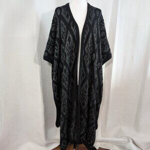 Vintage Black & Silver Knit Cape Cloak Shawl Outerwear Abstract Print Boho Chic
